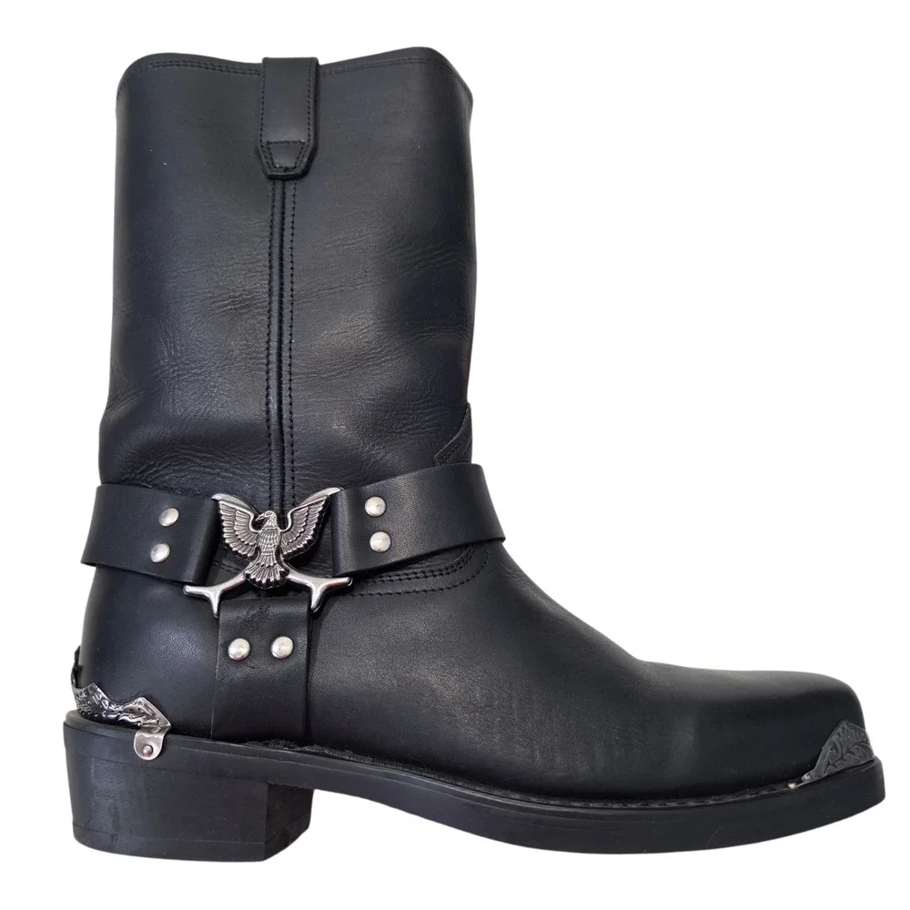 Dingo Mens DI19053 Black Leather Eagle Harness Biker Boots 11 EW Wide